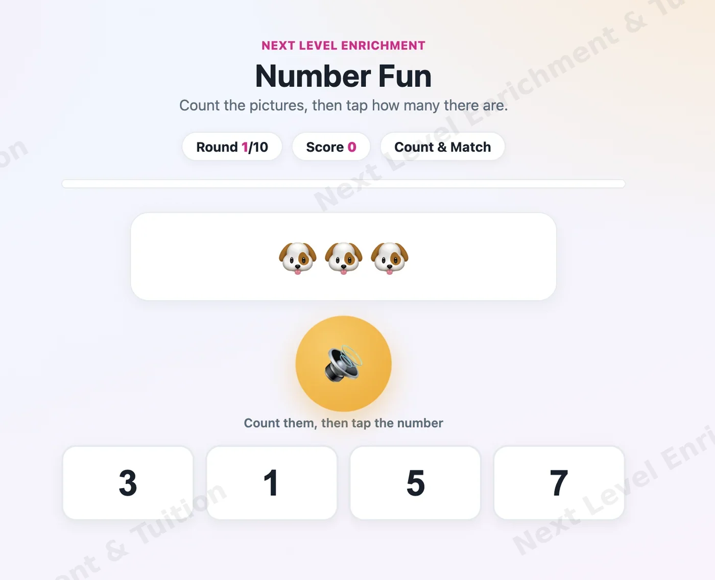 Number Fun app: count the three dogs shown, then tap the matching number from four choices