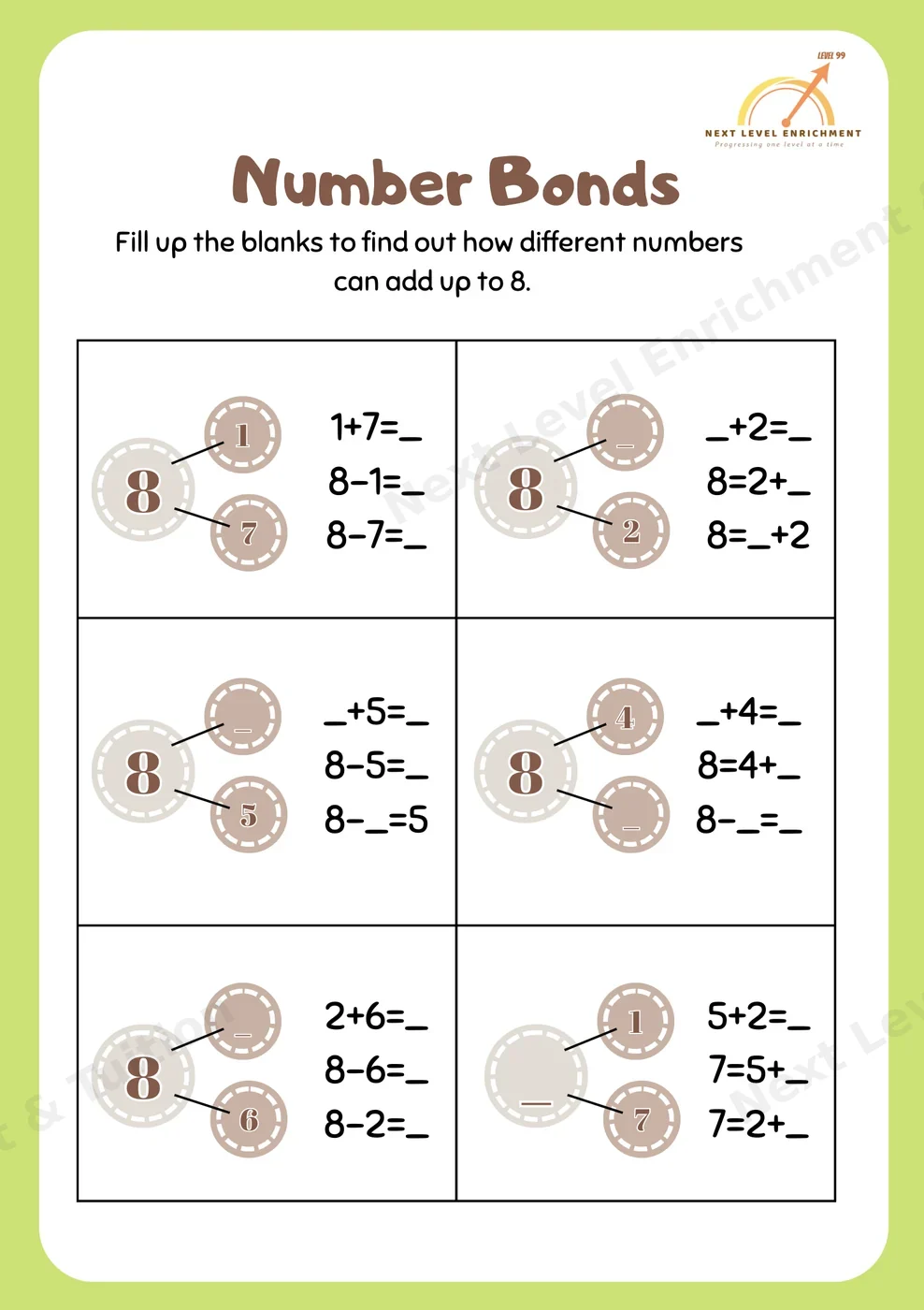 Printed number bonds worksheet: six part-whole circles for the number 8 with matching addition and subtraction sentences