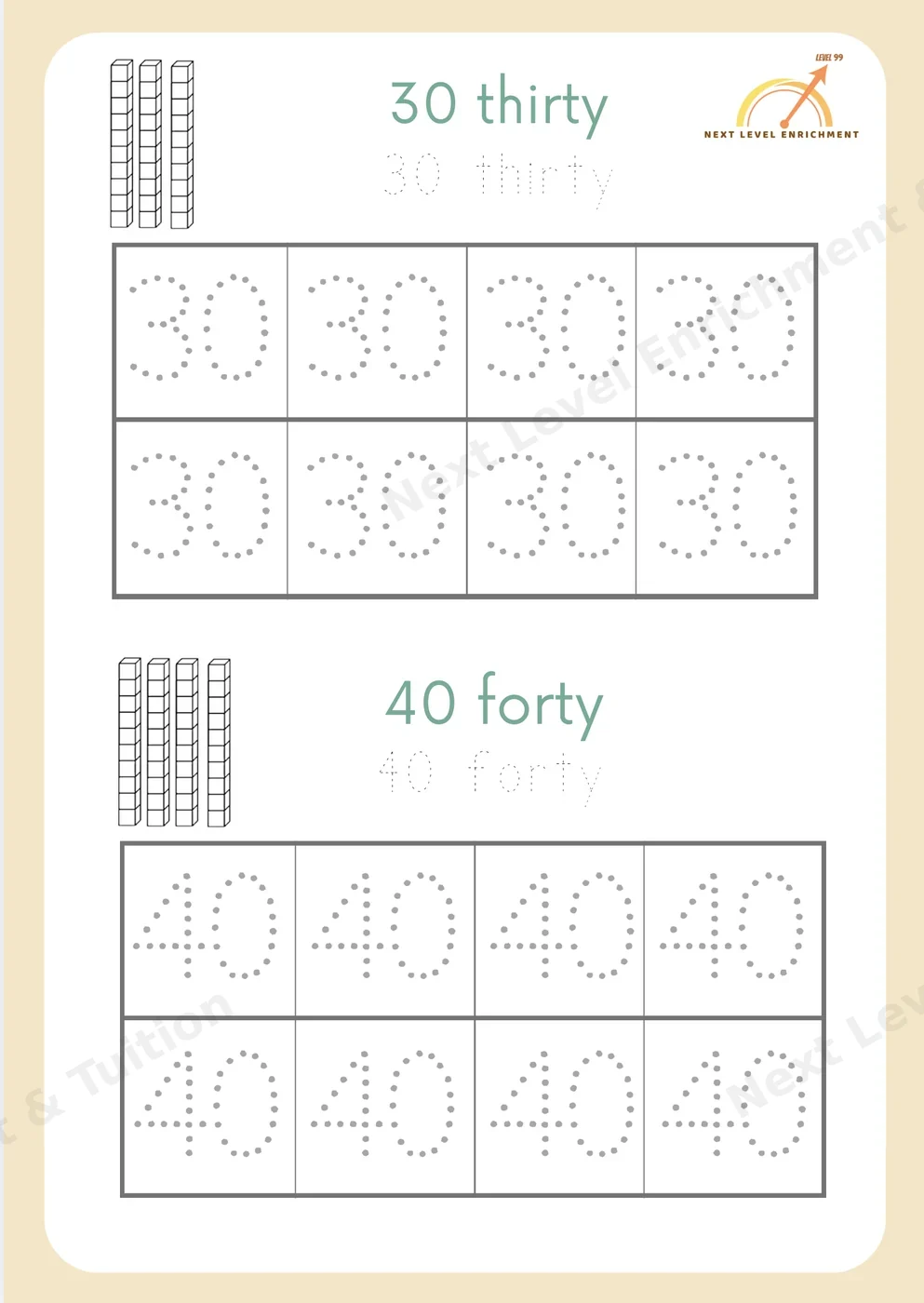 Printed tracing worksheet for 30 thirty and 40 forty with dotted numerals and base-ten rods
