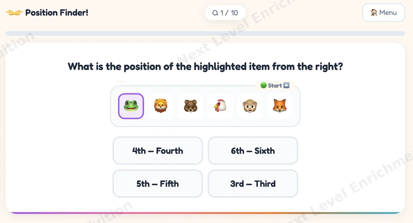 Position Finder app: six animals in a row with one highlighted, asking its position counted from the right
