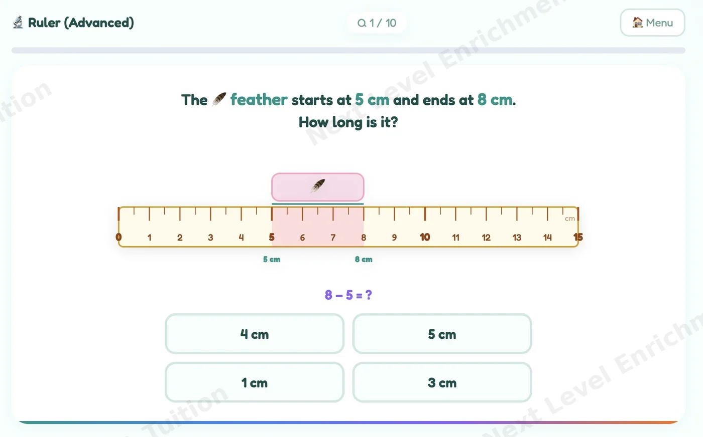 Length Explorer app: a feather spanning 5 cm to 8 cm on a centimetre ruler, with the subtraction 8 minus 5 shown