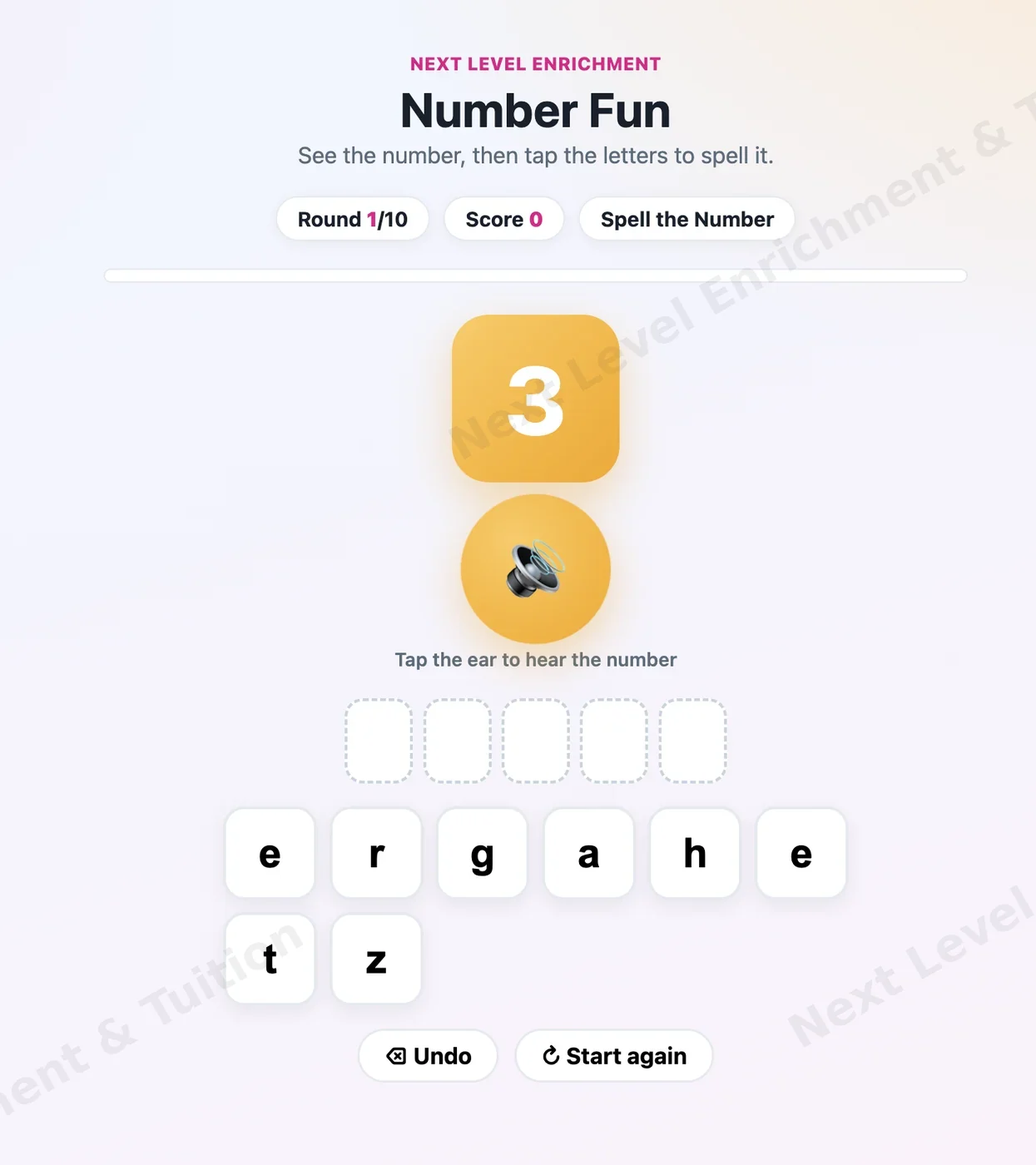 Number Fun app: the numeral 3 is shown and the child taps letter tiles to spell the word three