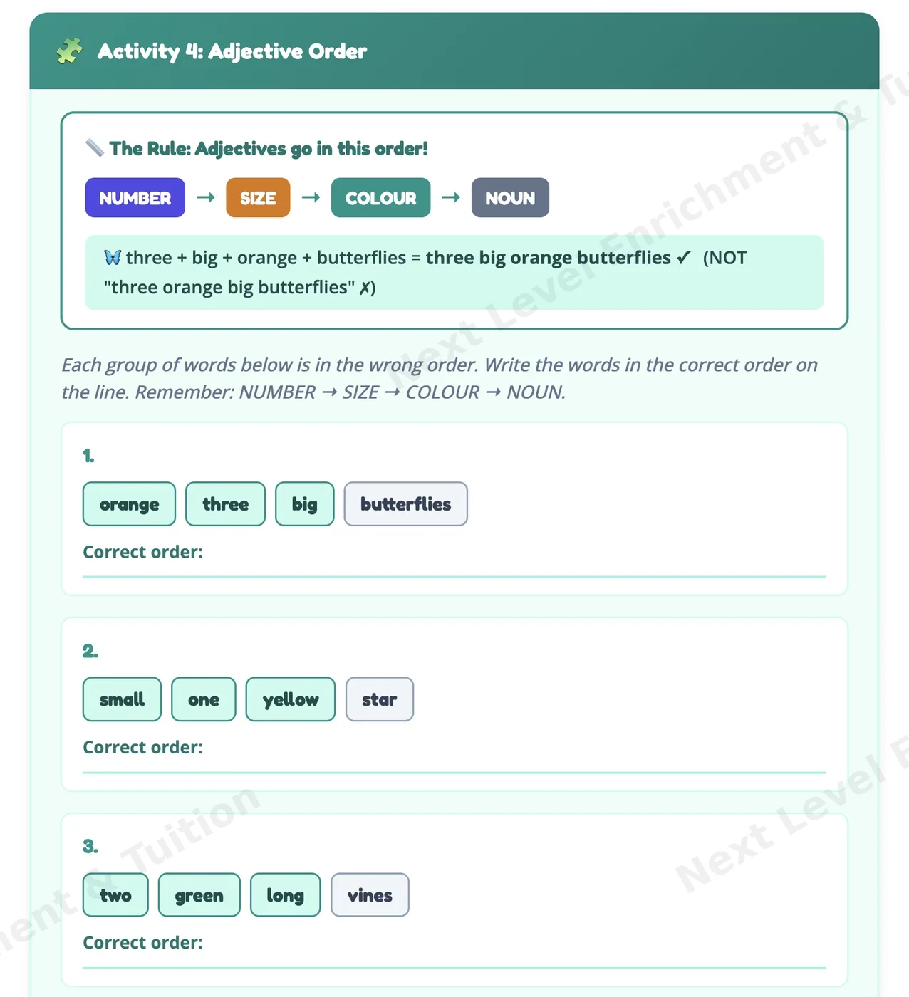 Grammar worksheet: the adjective order rule of number, size, colour then noun, with practice items to reorder