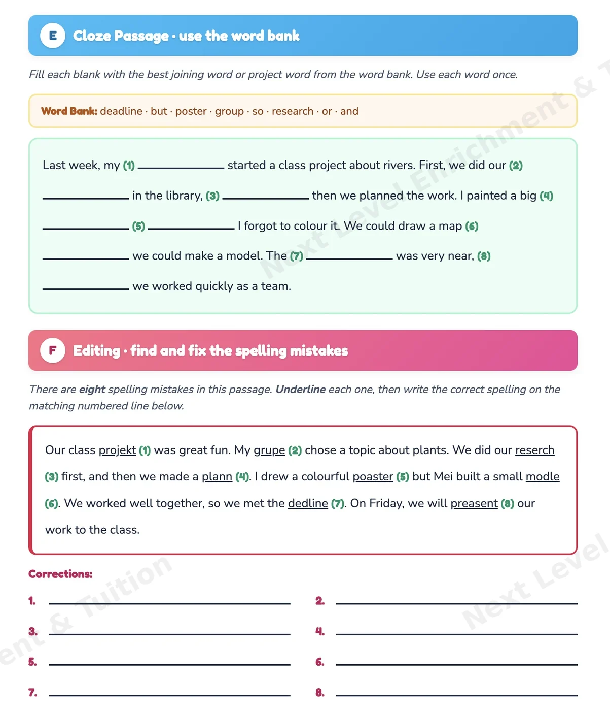Worksheet with a word-bank cloze passage and an editing section asking pupils to find and correct eight spelling mistakes