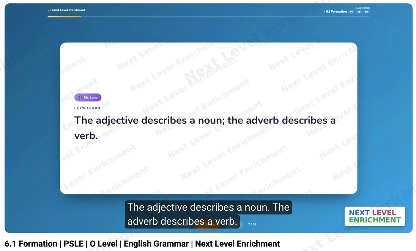 Animated grammar video lesson explaining that an adjective describes a noun and an adverb describes a verb, with subtitles