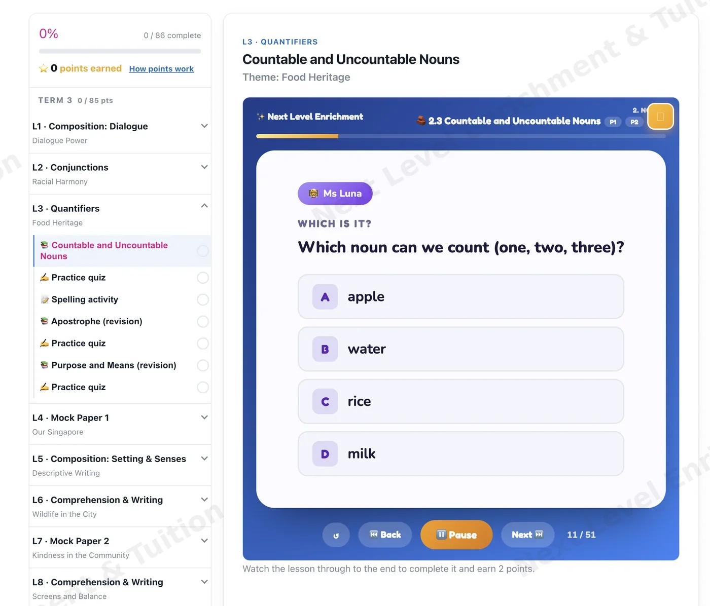 English online portal with an animated grammar lesson on countable and uncountable nouns