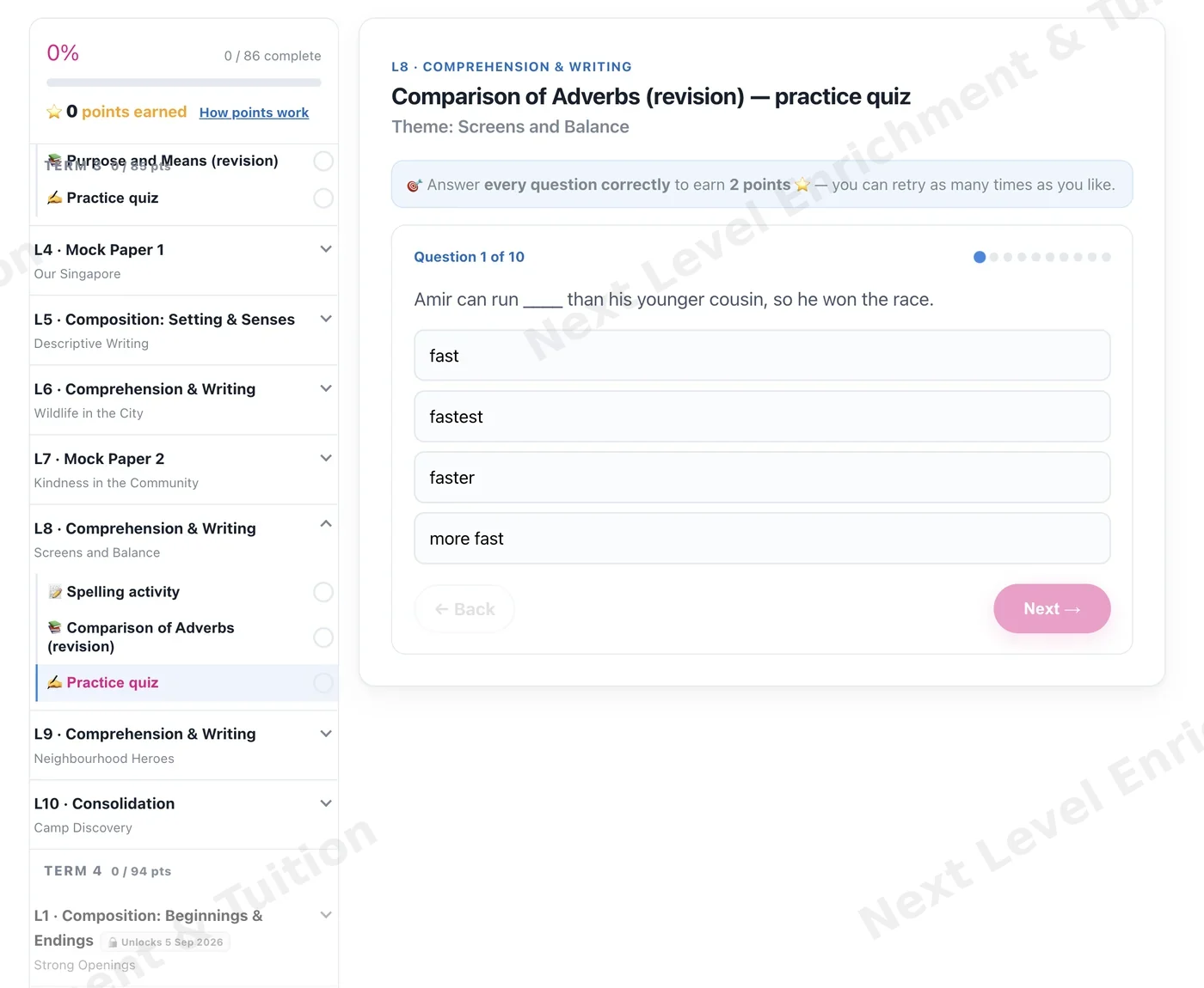 Online portal: a ten-question practice quiz on comparison of adverbs with four answer choices
