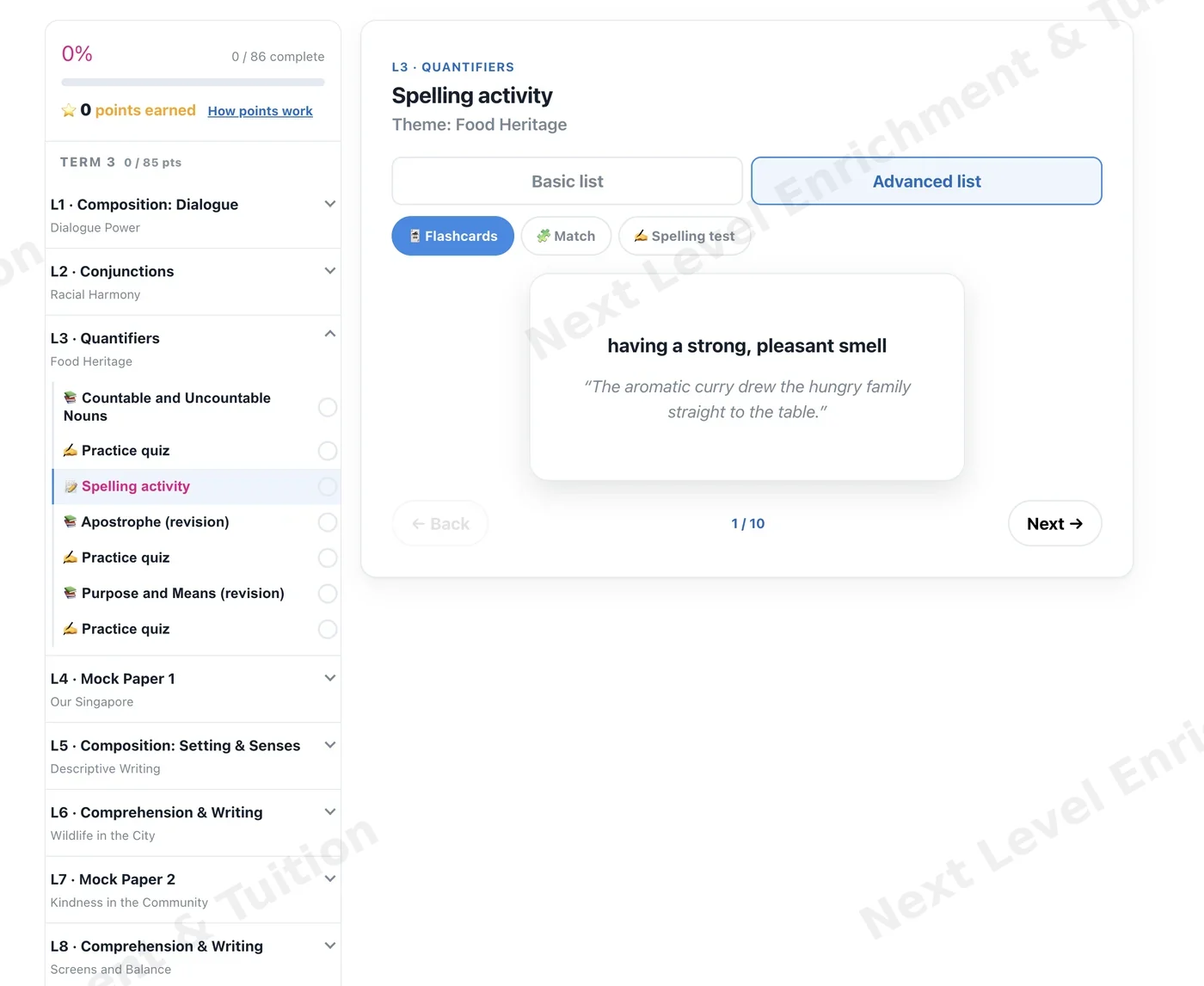 Online portal: a spelling activity with flashcards, match and spelling test tabs, showing a vocabulary card with its meaning and an example sentence