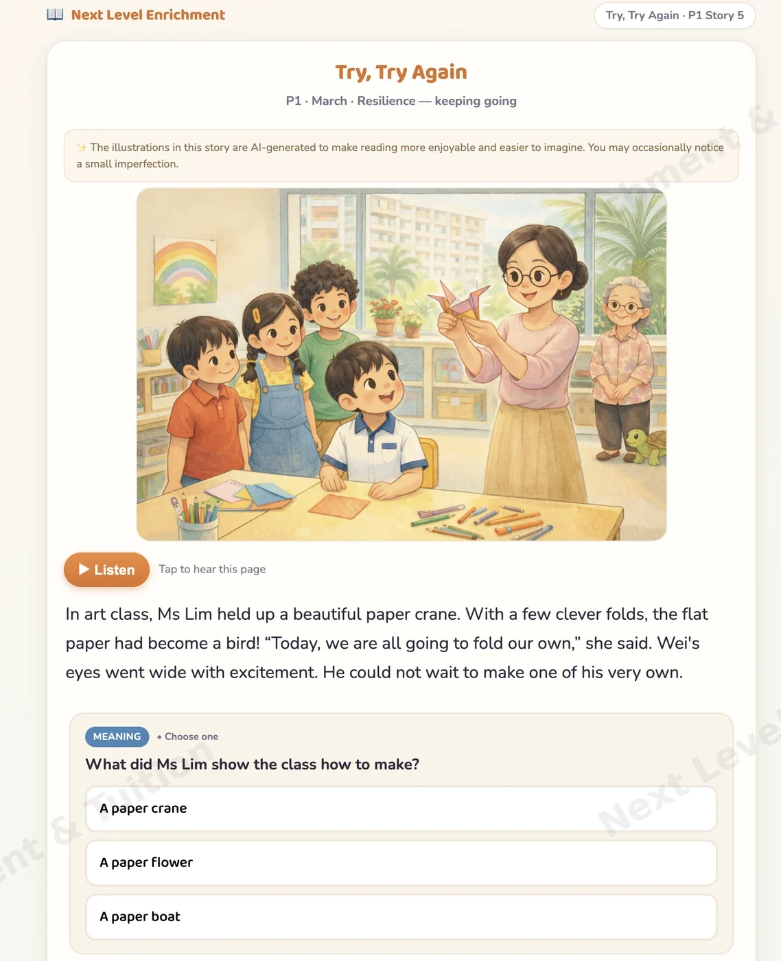 Read-along story: an illustrated Primary 1 story with a listen button and a multiple-choice meaning question below the passage
