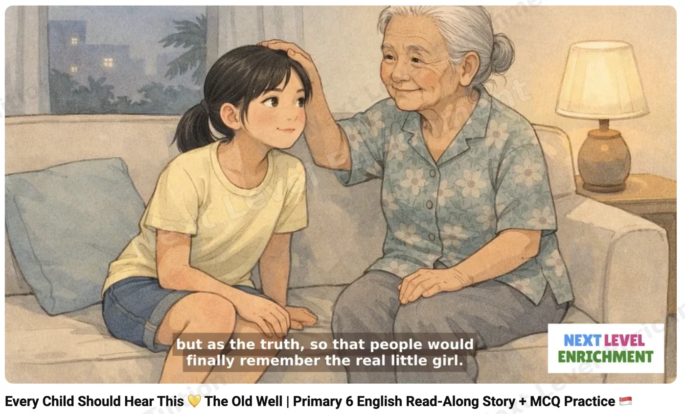 Read-along video lesson for Primary 6 English with an illustrated scene and on-screen subtitles