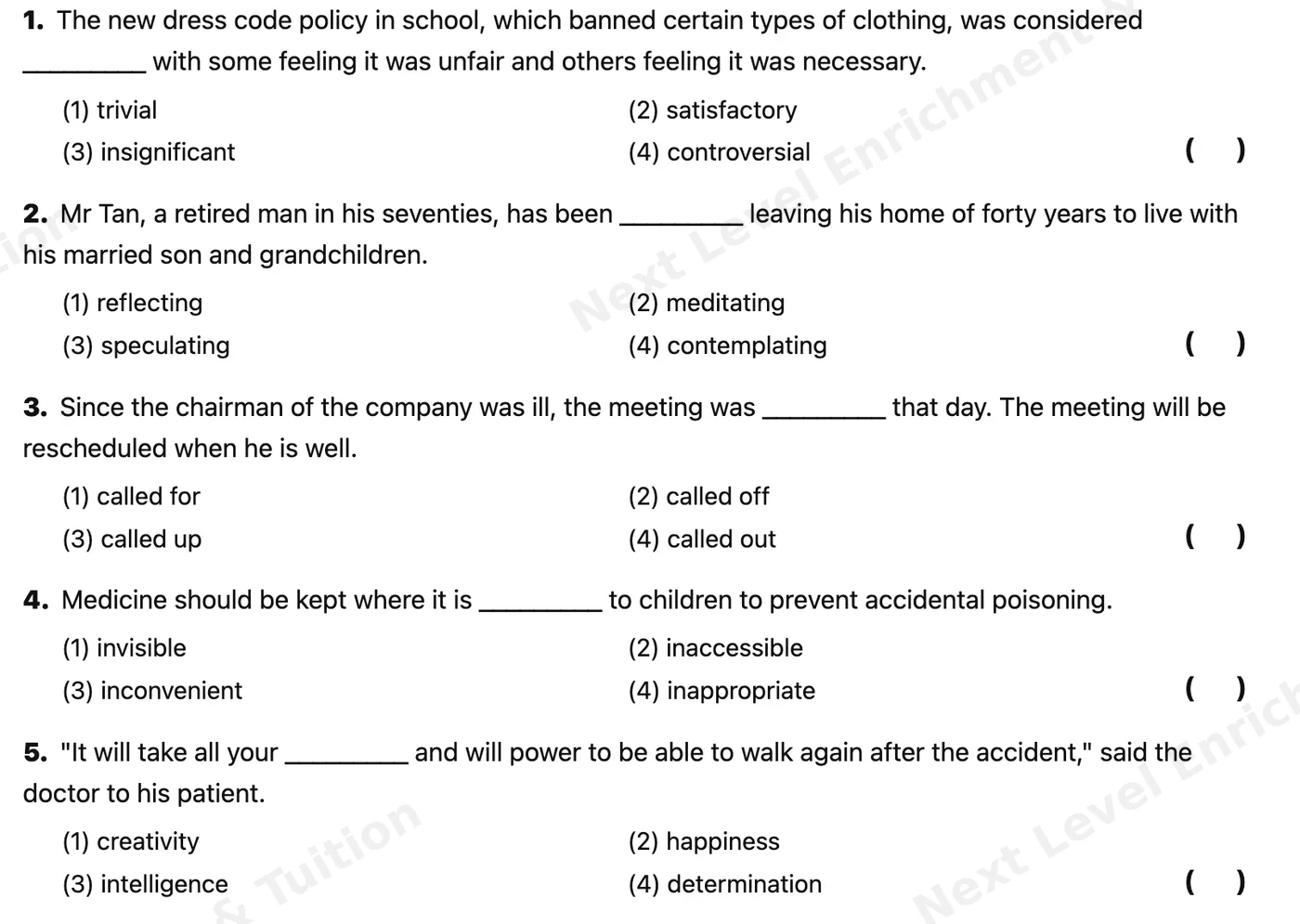 Vocabulary multiple-choice worksheet with five sentence-completion questions and four options each