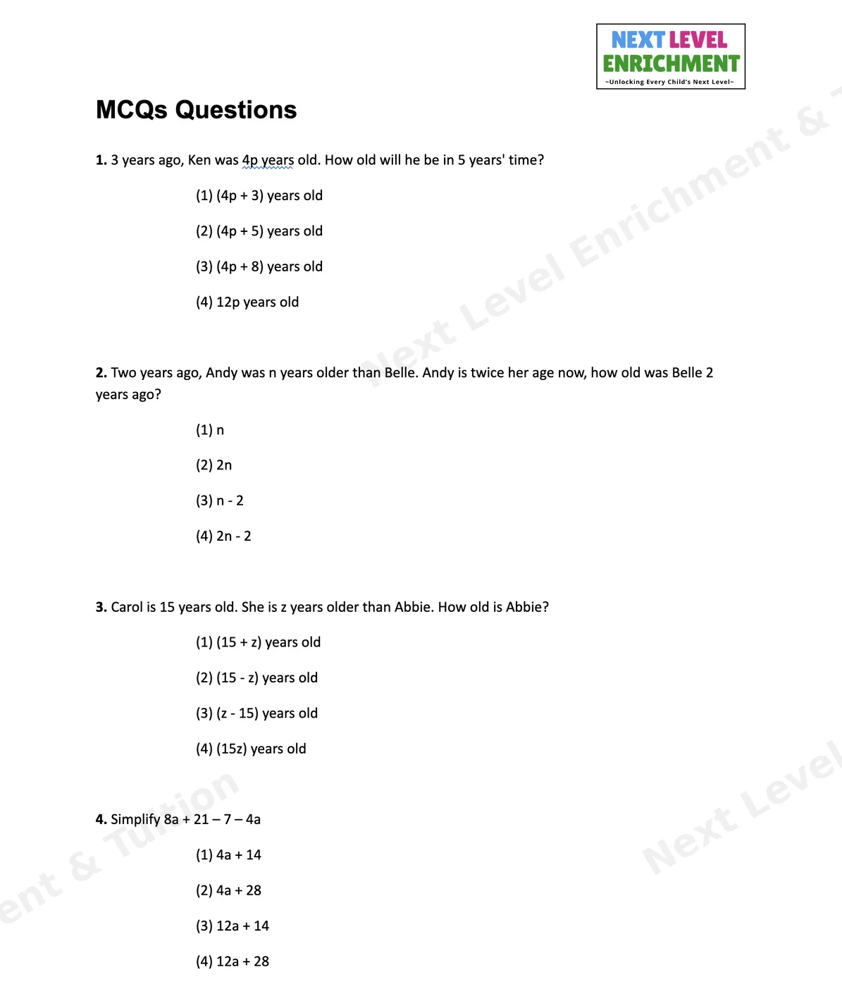 Algebra multiple-choice worksheet with age word problems in terms of p, n and z, and an expression to simplify