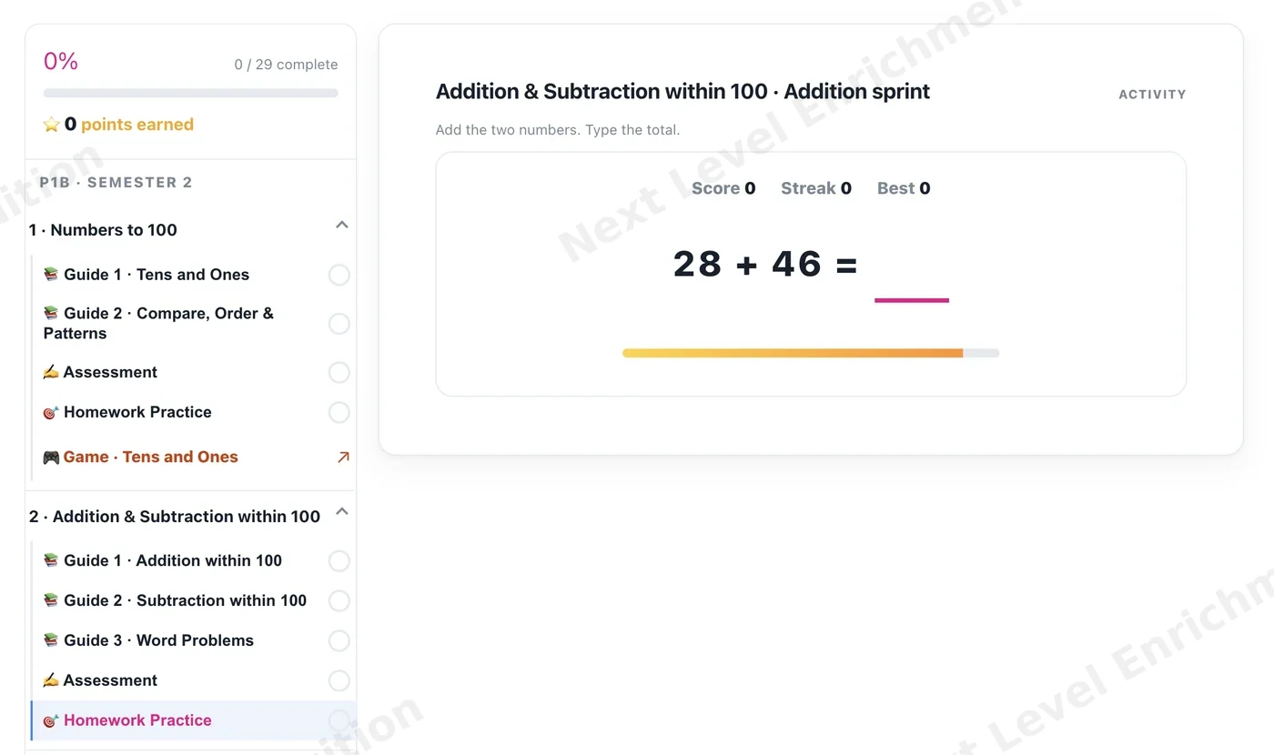 E-learning activity: an addition sprint asking 28 plus 46 with score, streak and best counters