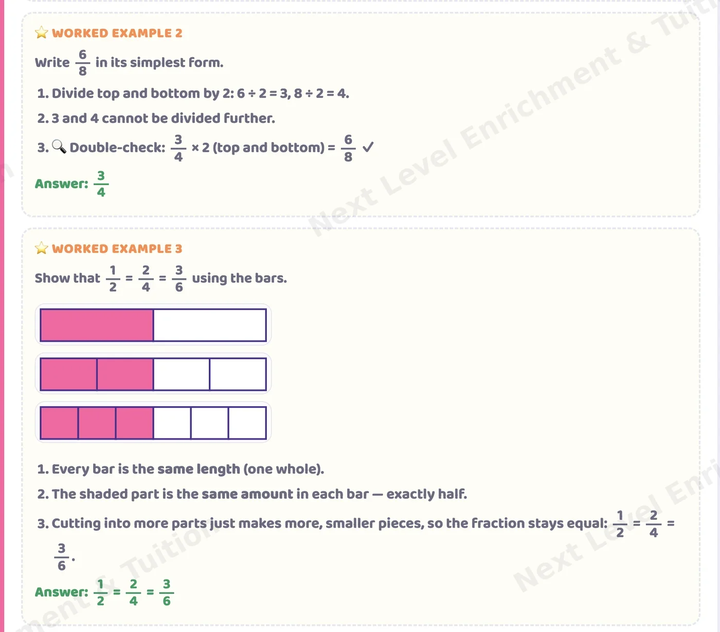 P3 Maths Mastery app: worked examples simplifying six eighths to three quarters and showing one half equals two quarters equals three sixths using bars