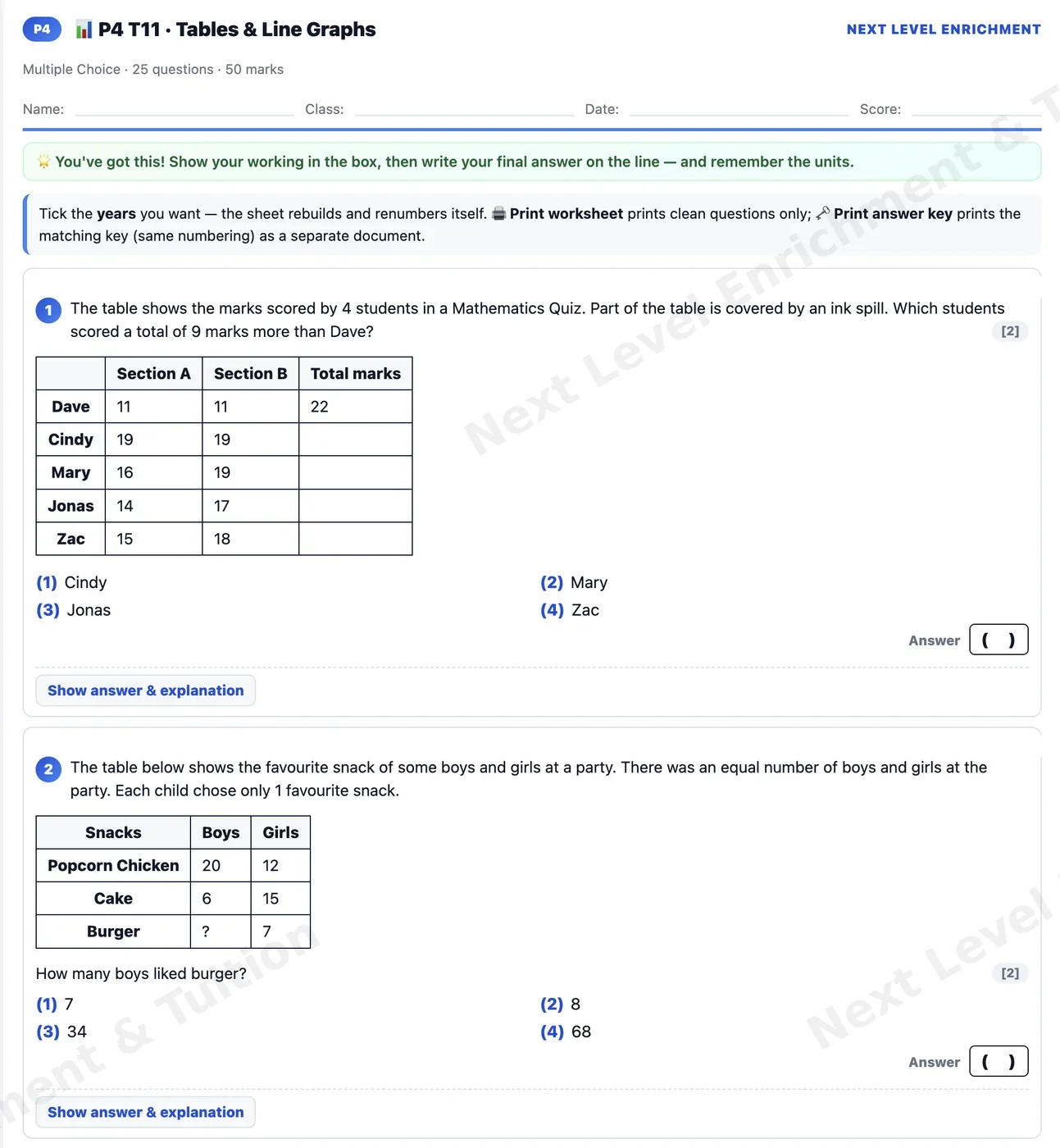 Question bank: a P4 tables and line graphs worksheet of 25 multiple-choice questions built from 2025 top-school end-of-year papers, with show answer and explanation buttons