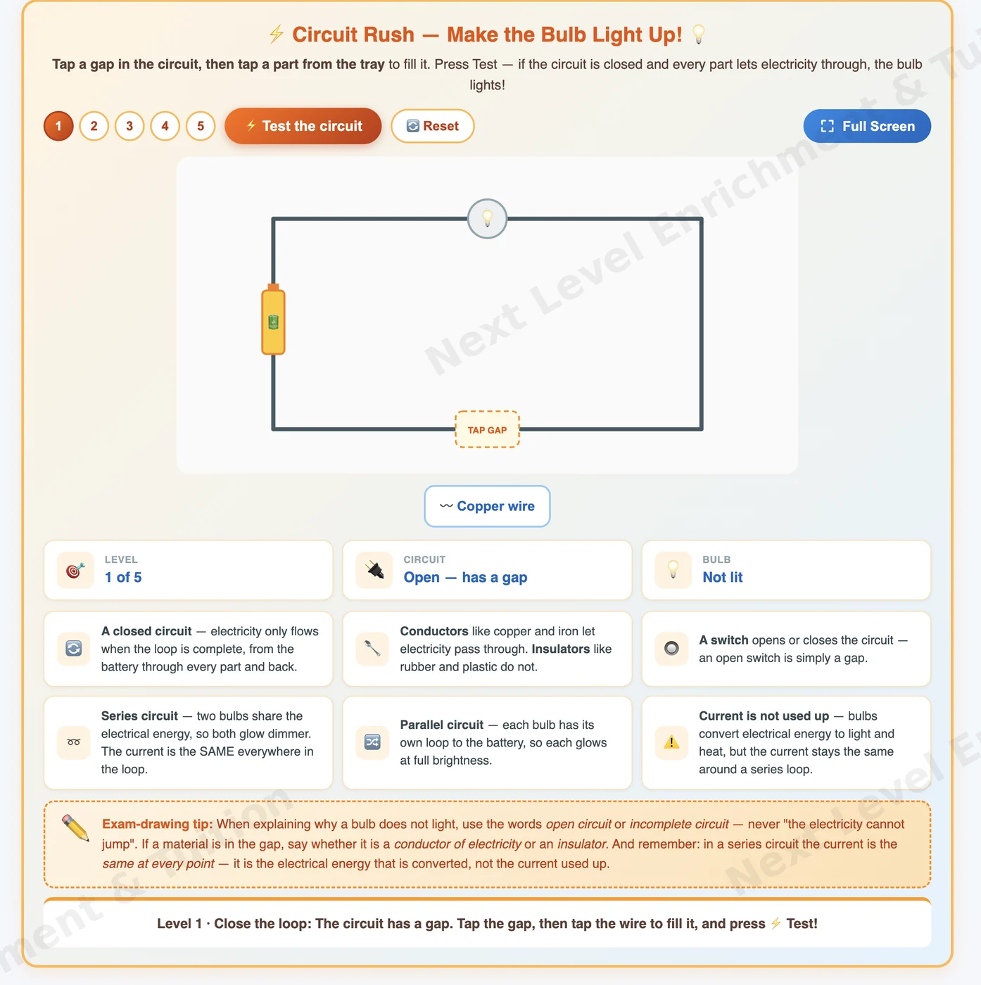 Science circuit activity where a gap in the circuit is filled and tested to light the bulb