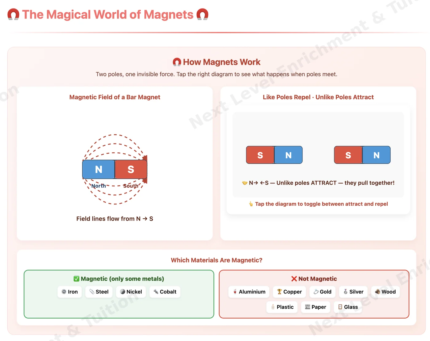 Interactive magnets tool showing the magnetic field of a bar magnet, a tap-to-toggle attract and repel diagram, and which materials are magnetic