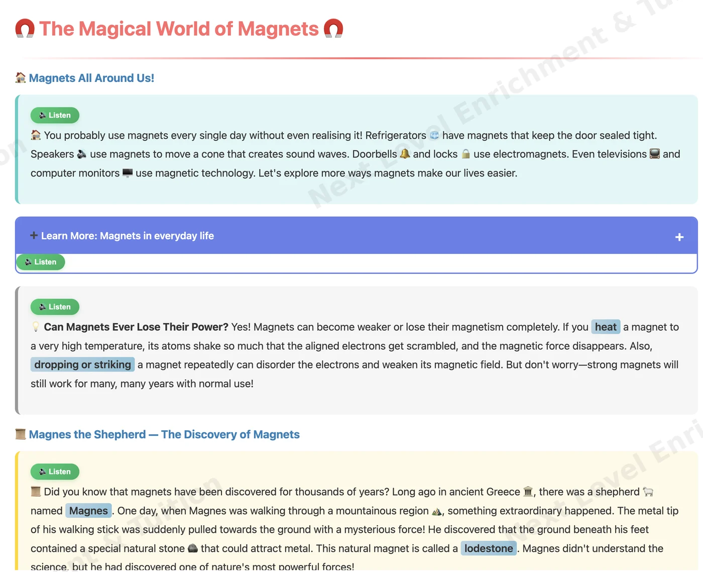 Read-aloud science reading on magnets in everyday life, with listen buttons and key vocabulary highlighted