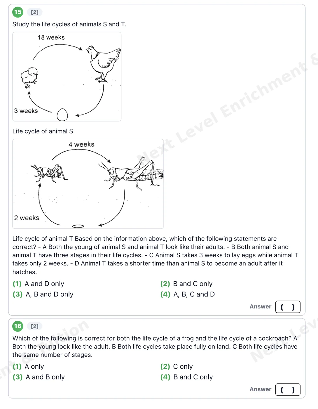 Science multiple-choice practice on life cycles, with diagrams of two animal life cycles and combination-style answer options