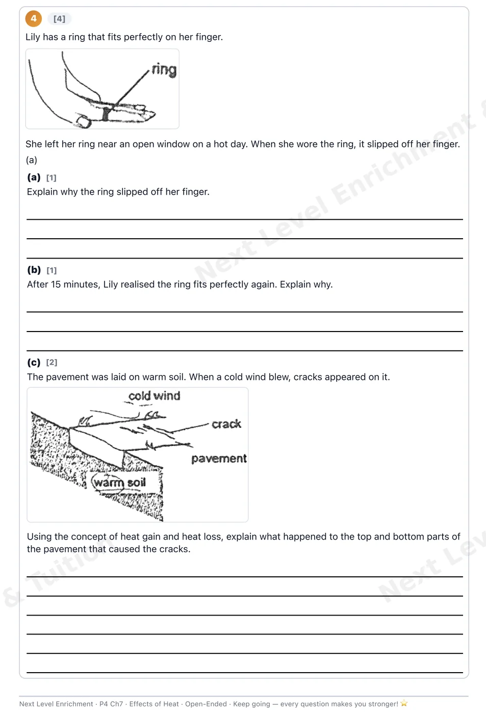 Science open-ended practice on the effects of heat with ruled answer lines sized to the marks