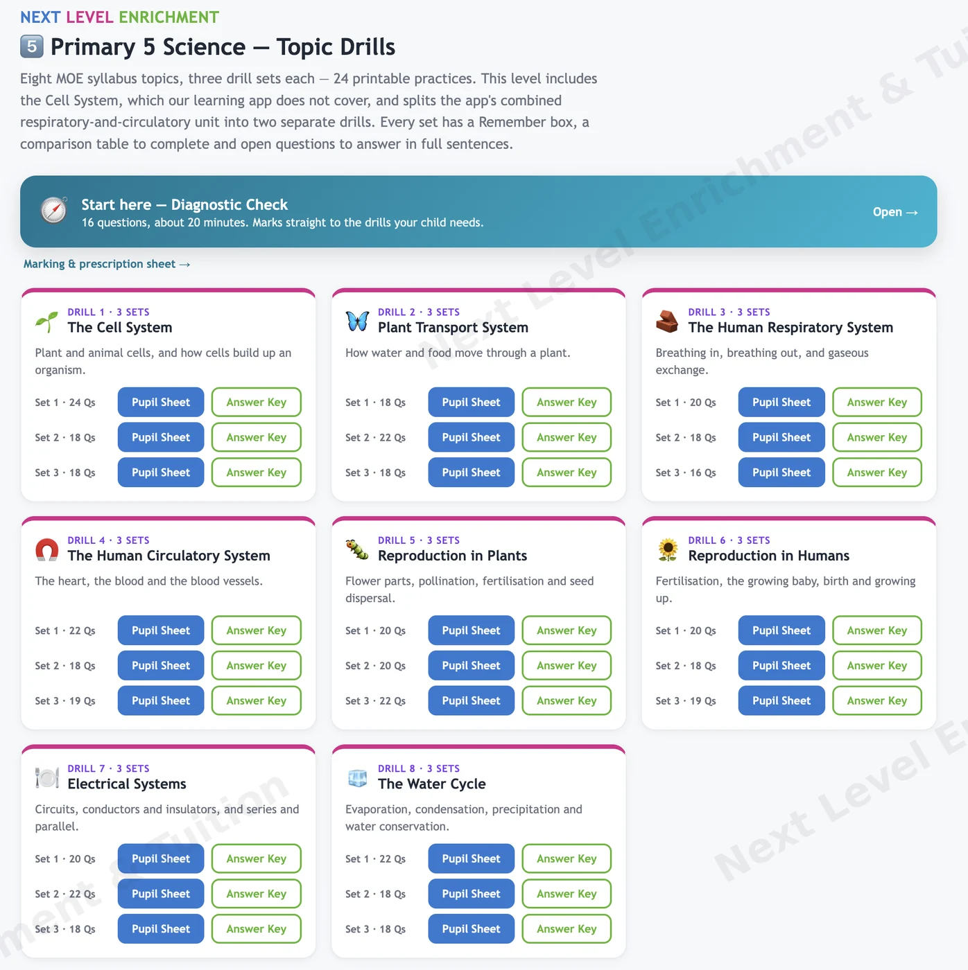 Primary 5 science topic drills: eight syllabus topics with three sets each, and a diagnostic check that marks straight to the drills needed